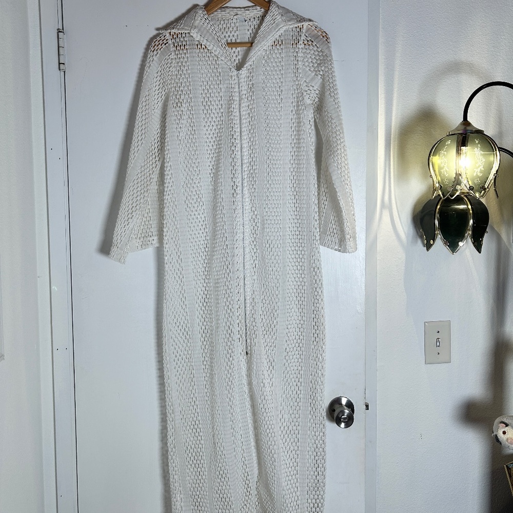 Vintage 60s/70s white Sherry Miami full length cover up dress sheer lace